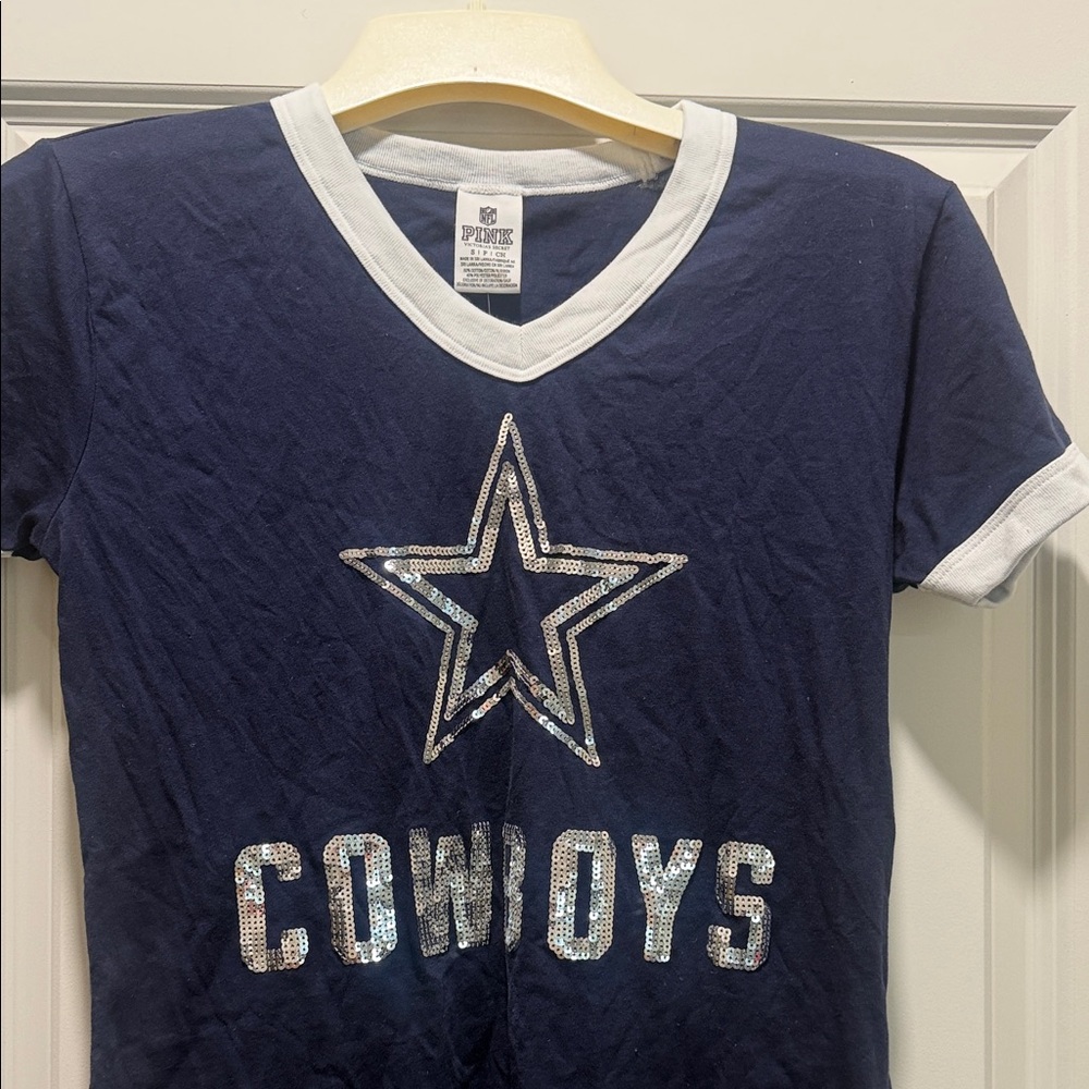 PINK Victoria's Secret Navy V‑Neck Cowboys Sequin Tee - Picture 5 of 6